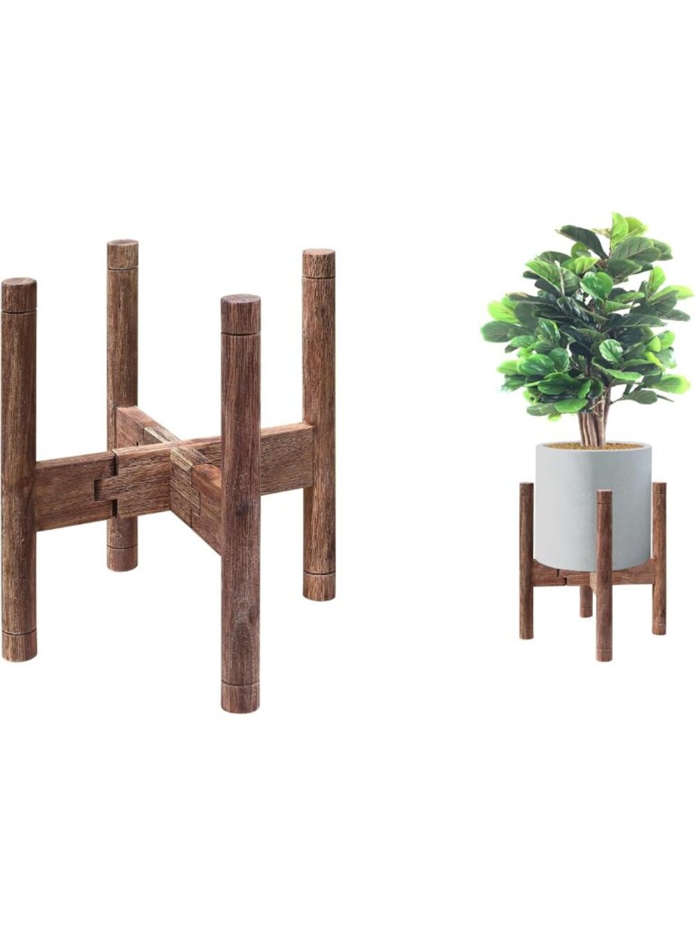 Mid-Century Modern Adjustable Plant Stand - Solid Acacia Wood, Antique Brown